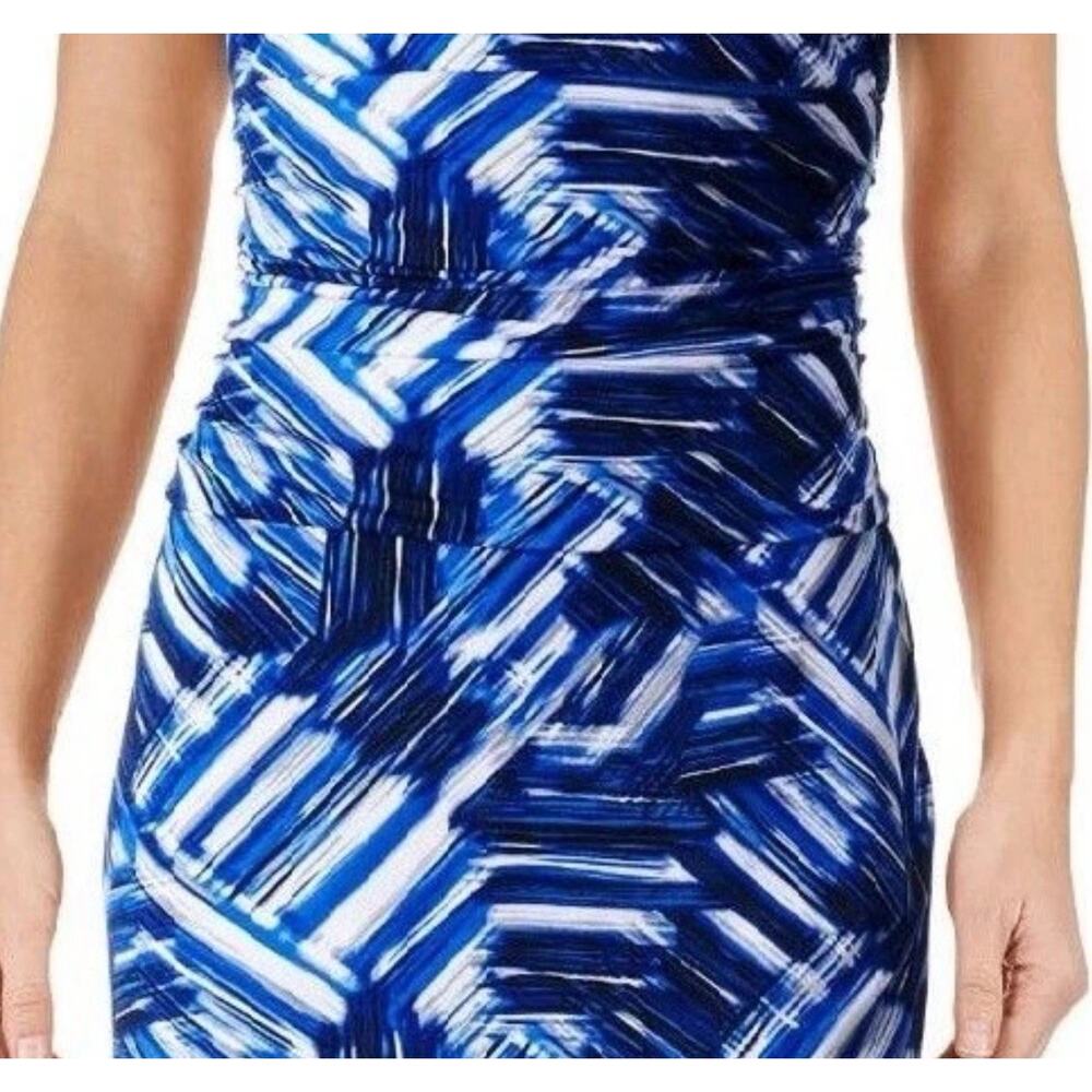 Nine West 3946 Blue 14 Abstract Ruched Waist Stretch Jersey Sheath Dress $98 - Picture 2 of 16